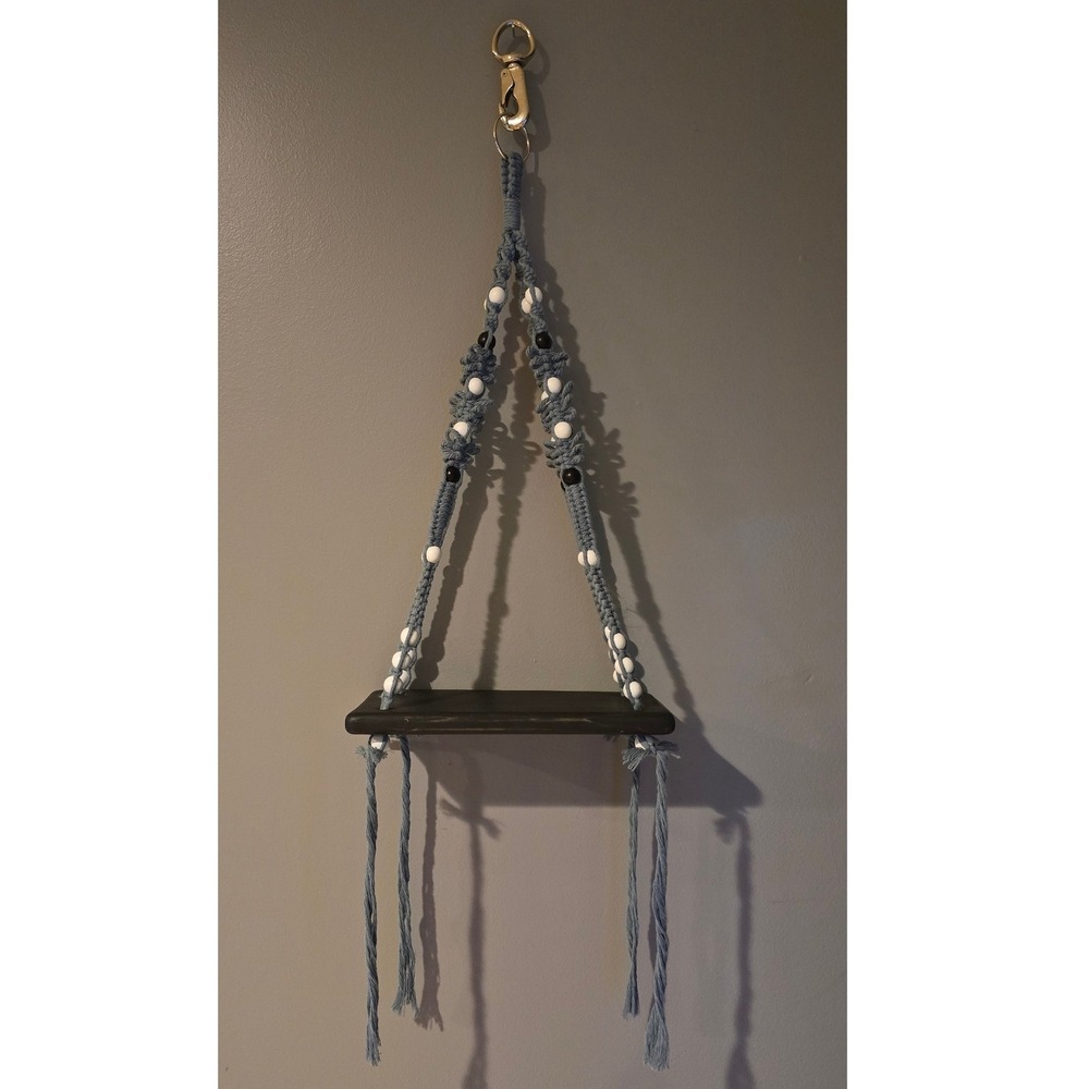 Handmade Macrame Hanging Wall Shelf Blue Beaded Boho Wood Floating Display